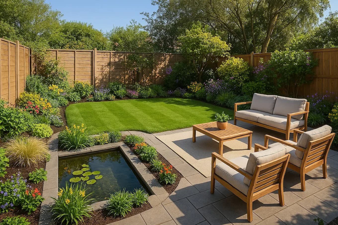 Full landscaping job including turfing, fencing and patio installation